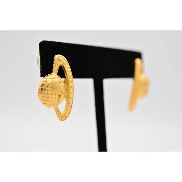 Vintage Saturn Earrings Planet Globe Earth Celestial Brushed Gold NOS 80s BinA9 - Picture 4 of 12